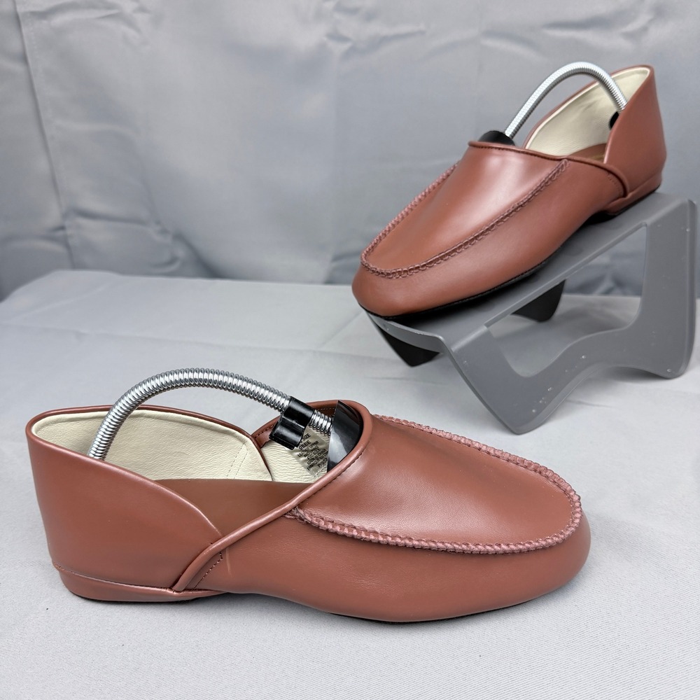 LB Evans 2198 Mens Brown Leather Moc Toe Slip On Slippers House Shoes 9EEE - Picture 1 of 8